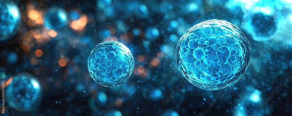 Aufkleber blue exosome particles with 3d particle visualization concept. close-up of microscopic cells in vibr