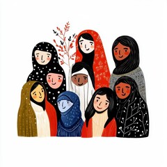 Illustration of a group of women and a child wearing headscarves in various colors and patterns. The style is simple and slightly textured, with a white background. 