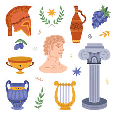 Lovely cartoon set of medieval Greece symbols, classical sculpture, pillar, ornate jars, spartan helmet, musical lyre, grape. Hand drawn trendy ancient Greek clipart for design, sticker, media, print.