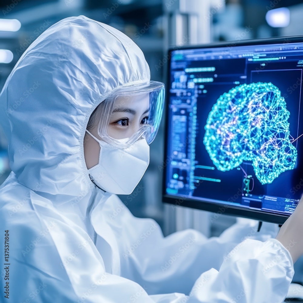 Poster a female scientist in a sterile lab suit examines a detailed brain scan on a computer monitor. the i