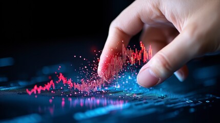 A fingertip interacts with a digital interface displaying vibrant red and blue data points forming dynamic graphs. Dark background enhances visual impact.