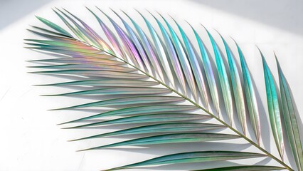 Fototapeta premium Futuristic Holographic Palm Leaf with an Iridescent Shine, Isolated on a White Background, embodying contemporary botanical aesthetics and futuristic design, Modern Nature-Inspired Stock Image