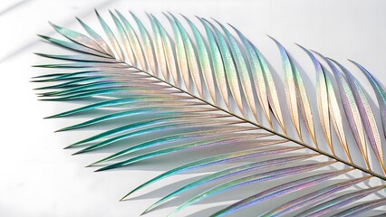Fototapeta premium Futuristic Holographic Palm Leaf with an Iridescent Shine, Isolated on a White Background, embodying contemporary botanical aesthetics and futuristic design, Modern Nature-Inspired Stock Image