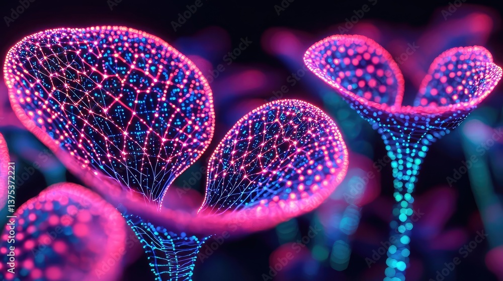 Poster cyberpunk biotech in sci-fi nature and science concept. vibrant, glowing plant structures with intri
