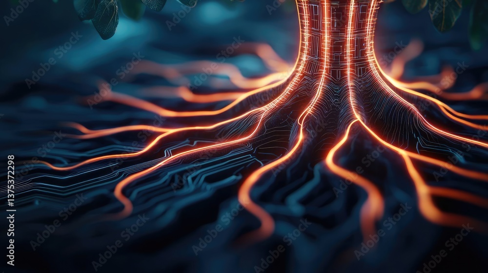 Poster cyberpunk biotech in glowing digital nature concept. a creative depiction of a tree with illuminated