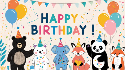 Illustrated animals with party hats and balloons in a joyful birthday celebration perfect for childrens birthday cards fun creative and colorful birthday party decorations with Text