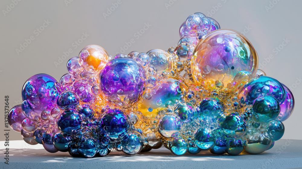 Poster vibrant and colorful arrangement of translucent bubbles various sizes creates stunning visual displa