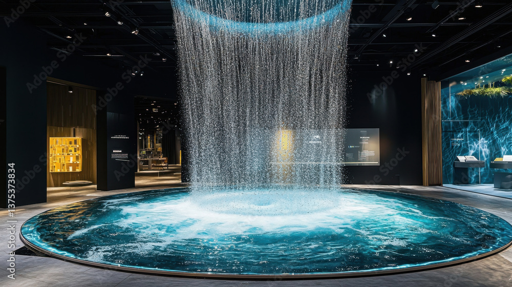 Poster stunning product display featuring mesmerizing podium with waterfall effect, creating serene atmosph
