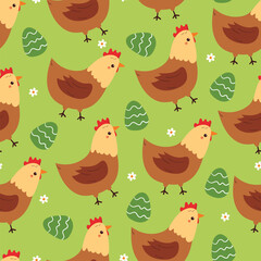 seamless pattern cute cartoon chicken with easter eggs. cute animal pattern for easter wallpaper and background