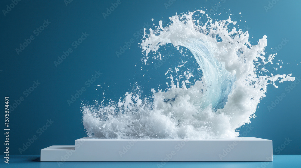 Poster stunning product display features podium showcasing dynamic wave of water splashing dramatically aga