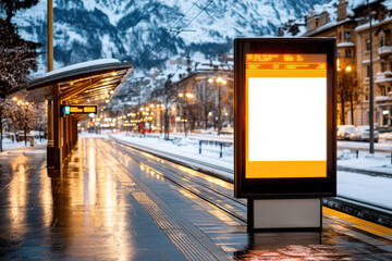 Minimalist winter scene at an empty tram stop with illuminated digital display in snowy urban setting