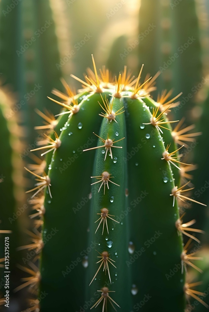 Poster close-up of a cactus with dew drops and glowing spines