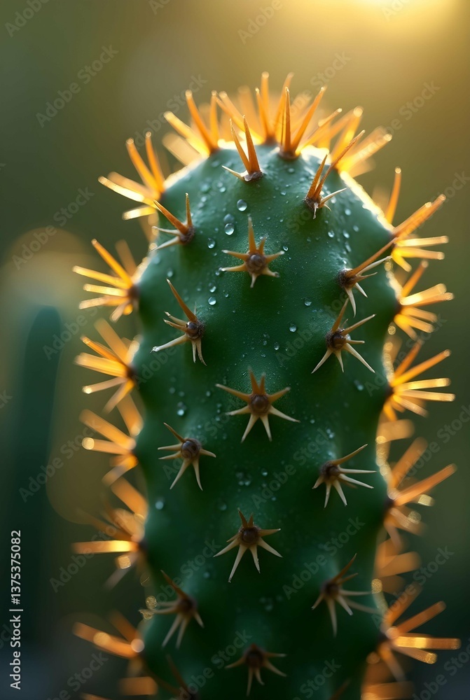 Poster close-up of a cactus with dew drops and glowing spines