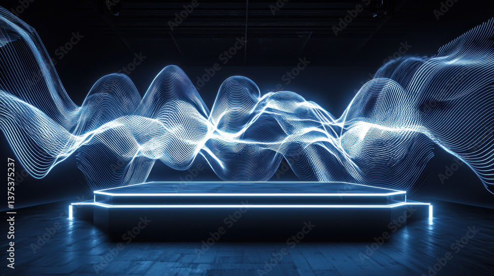 Aufkleber modern podium is illuminated by dynamic light waves creating captivating atmosphere. interplay of li