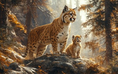 Obraz premium Cougar and Cub Watching in Forest with Morning Sunlight