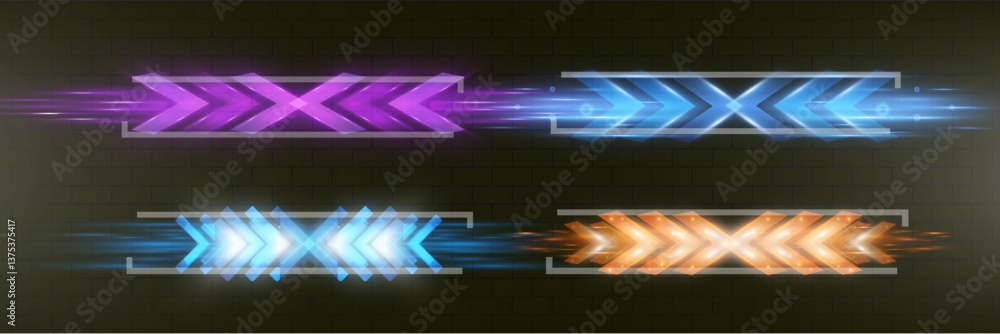 Poster Futuristic glowing neon arrows with motion blur effect in different colors on dark background.
