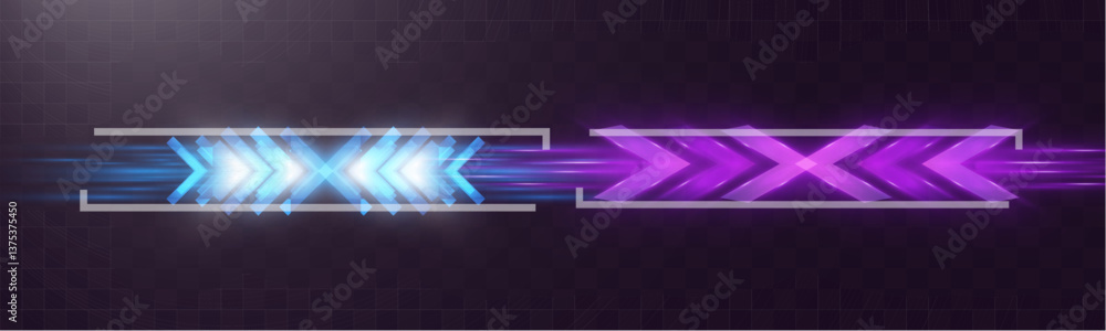 Poster futuristic glowing neon arrows with motion blur effect in different colors on dark background.