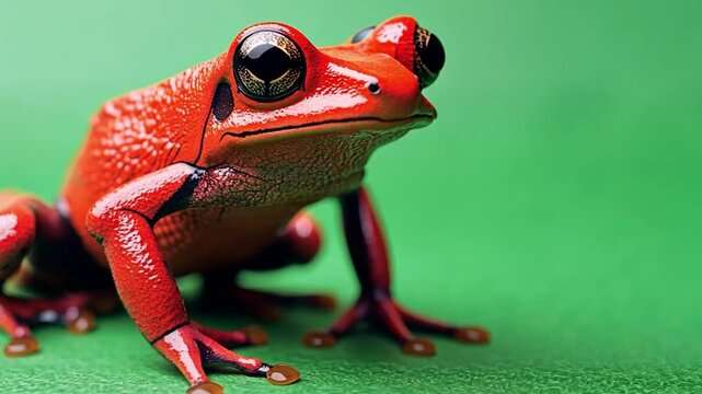 Fiery Frog's Stare: A vibrant red frog with intense eyes stares intently, set against a vivid green backdrop, evoking curiosity and a splash of color.