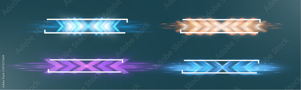 Poster futuristic glowing neon arrows with motion blur effect in different colors on dark background.