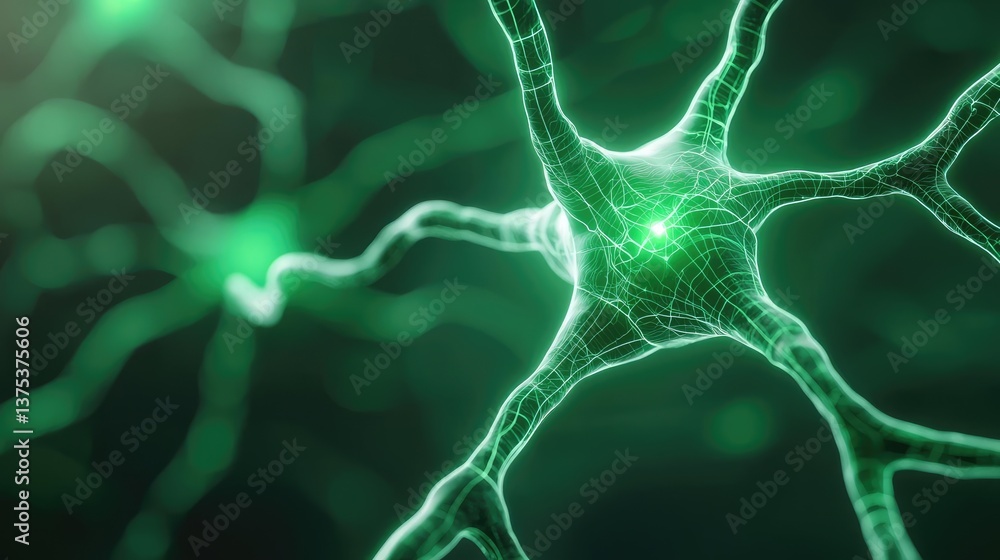 Poster cyberpunk biotech in high-tech sci-fi nature fusion concept. close-up of a neuron highlighting its i