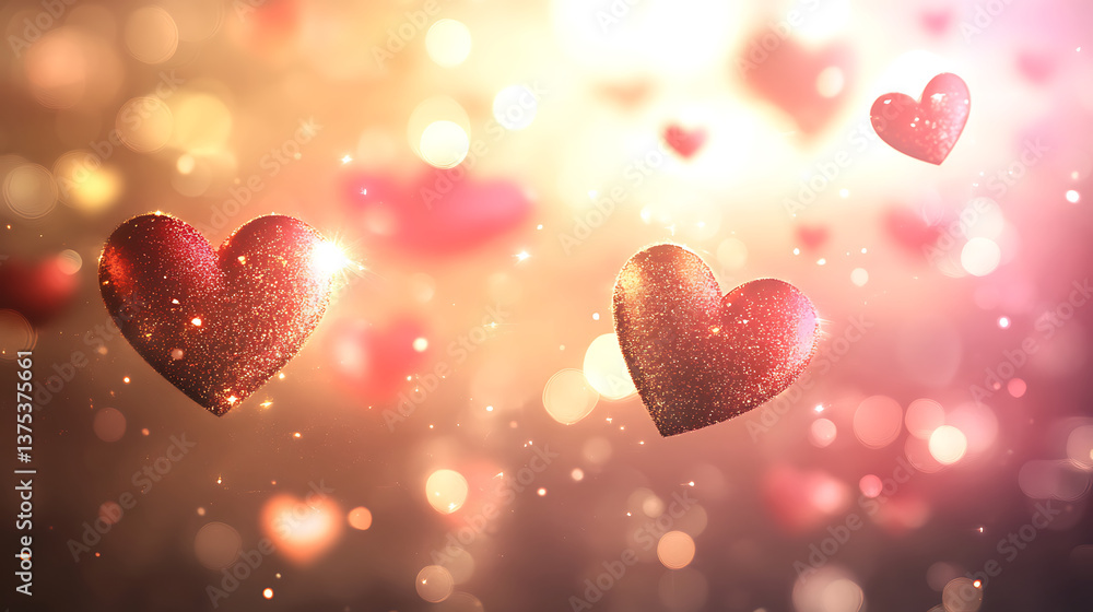 Poster glittering hearts float in dreamy background filled with soft bokeh lights, creating romantic and en