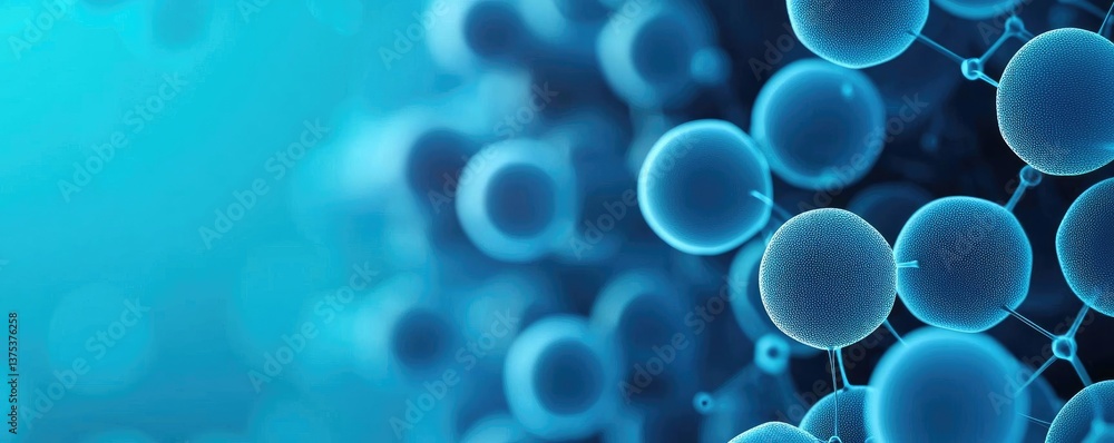 Poster blue exosome particles with 3d biotechnology visualization concept. abstract representation of molec