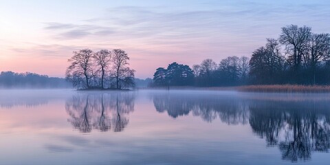 Fototapeta premium A tranquil lake at dawn, with mist rising from the water's surface and surrounding trees reflected in the stillness. 