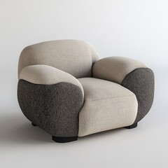 Modern, upholstered armchair with sculpted, organic shapes, featuring a two-toned fabric design in beige and dark gray.