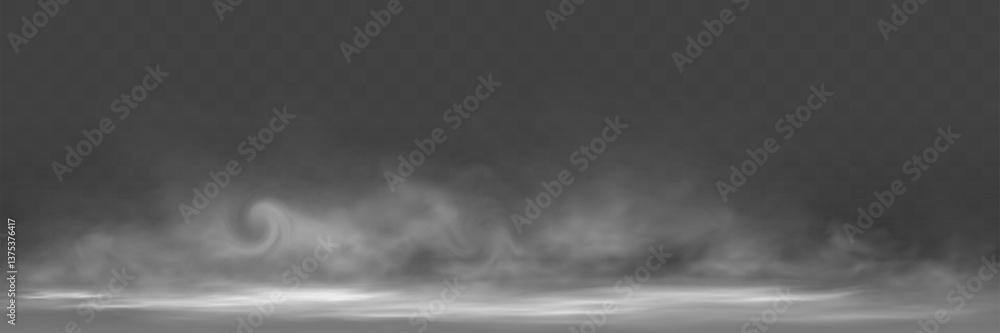 Poster realistic transparent smoke effect with swirling mist and fog on dark background.