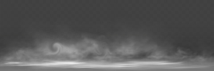 Realistic transparent smoke effect with swirling mist and fog on dark background.
