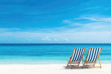 Obraz premium Tranquil beach escape: Two inviting striped beach chairs await on a pristine white sand beach under a vibrant blue sky, promising relaxation and serenity.