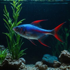Naklejka premium Neon Tetra Shimmering in the Tanks Depths