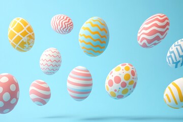 Obraz premium Pastel Easter eggs joyfully dancing against a soft blue backdrop, celebrating spring's arrival with whimsical patterns and a lighthearted feel.