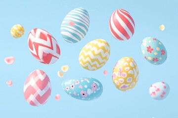 Fototapeta premium Pastel Easter eggs joyfully float against a light blue sky, a whimsical celebration of spring's gentle arrival in a soft, dreamy style.