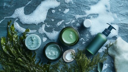 Coastal-inspired skincare scene with seaweed extract products, fresh seaweed, and ocean elements, highlighting natural marine-based beauty solutions