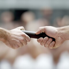 A close-up of athletes hands exchanging a relay baton, focusing on the detail of the gear they wear, with blurred fans cheering in the background, emphasizing the excitement of competition.