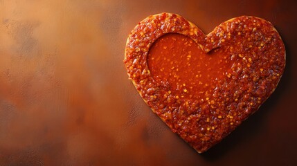 Fototapeta premium A heart shaped pizza with red sauce on a brown background