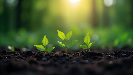 Growing of seeds, three trees with a backdrop of morning light in spring.