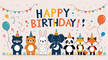 Fototapeta premium Colorful animal characters in a birthday celebration with balloons and party hats creating a lively and fun atmosphere perfect for childrens birthday card and party designs with Text