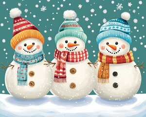 Three Snowmen in Winter Scene