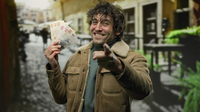 Hispanic man holding turkish lira outdoors on a city street, smiling, pointing at camera, wearing winter jacket, urban background, vibrant and energetic scene
