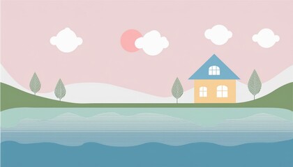 Naklejka premium minimalism, simple abstract vector illustration with a house and a river bank