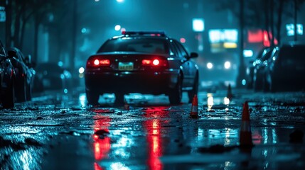 Night city rain wet street with reflections and traffic lights