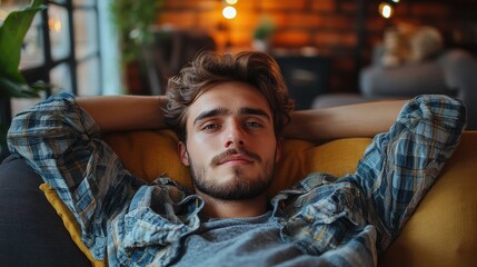 Fototapeta premium Relaxed young caucasian male lounging on sofa in cozy living room setting
