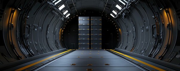 Interior of cargo plane with stacked crates efficient shipping solution 3D illustration. Air freight a smart delivery method.