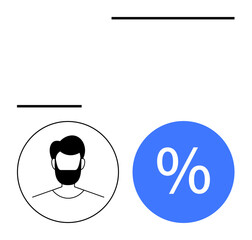 Black and white icon of a bearded man inside a circle next to a blue circle with a white percentage symbol inside. Ideal for user profiles, statistics, demographics, analytics, web design, financial