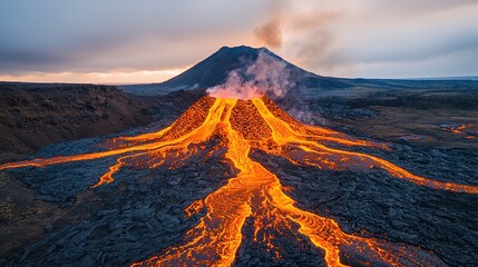 Fototapeta premium Erupting volcano creates rivers of molten lava in a majestic landscape viewpoint