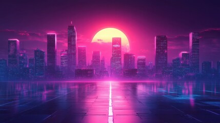 Futuristic neon cityscape with glowing pink sunset over water reflection