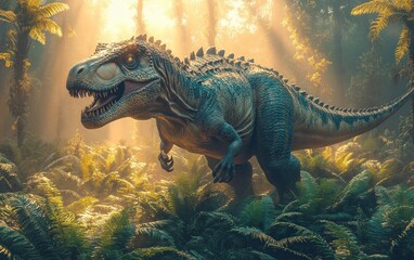 Gallimimus Cretaceous Dinosaur in Prehistoric Jungle with Short Feathers