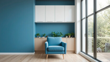 modern living room or hall interior with comfortable armchair located by window.	